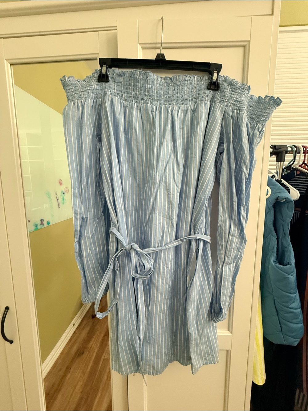 Express Light Blue and White Striped Smocked Top Dress